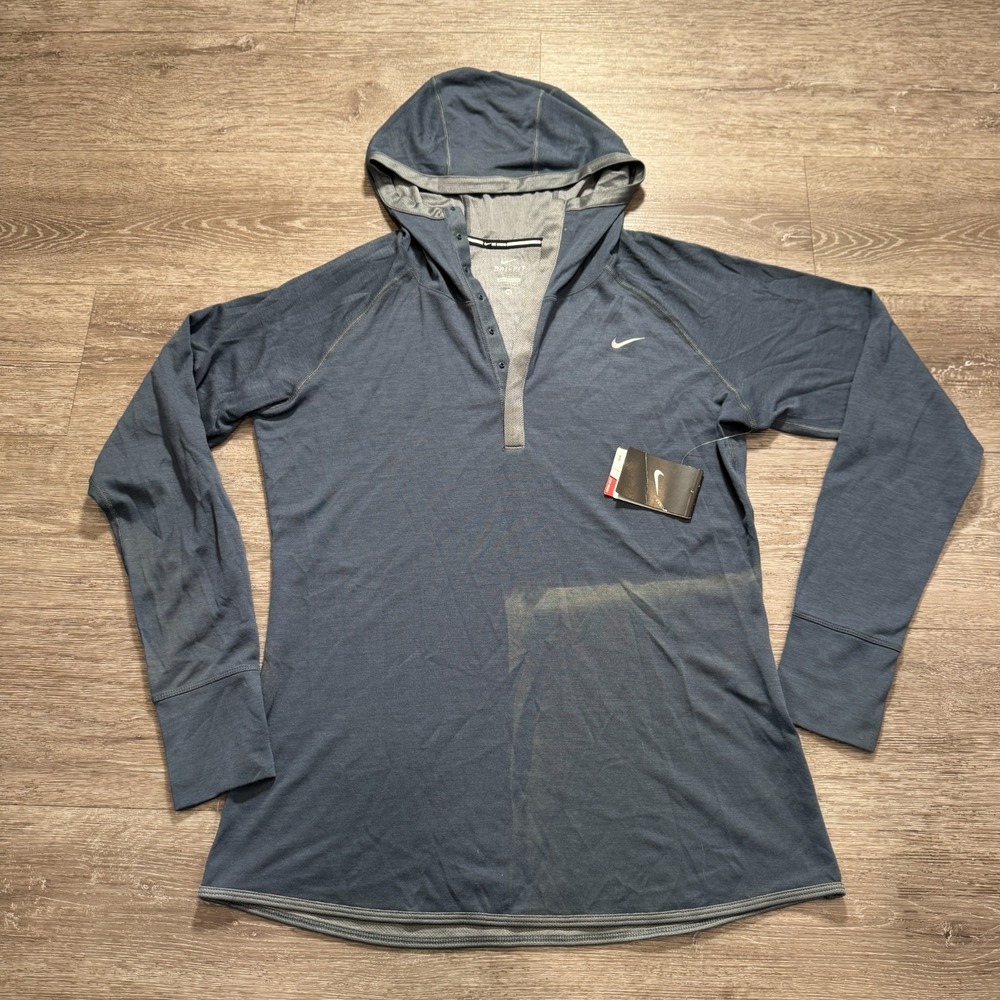 Nike Jacket Womens XL‎ Blue Gray Running Henley Snap Stretch Sweater Hooded